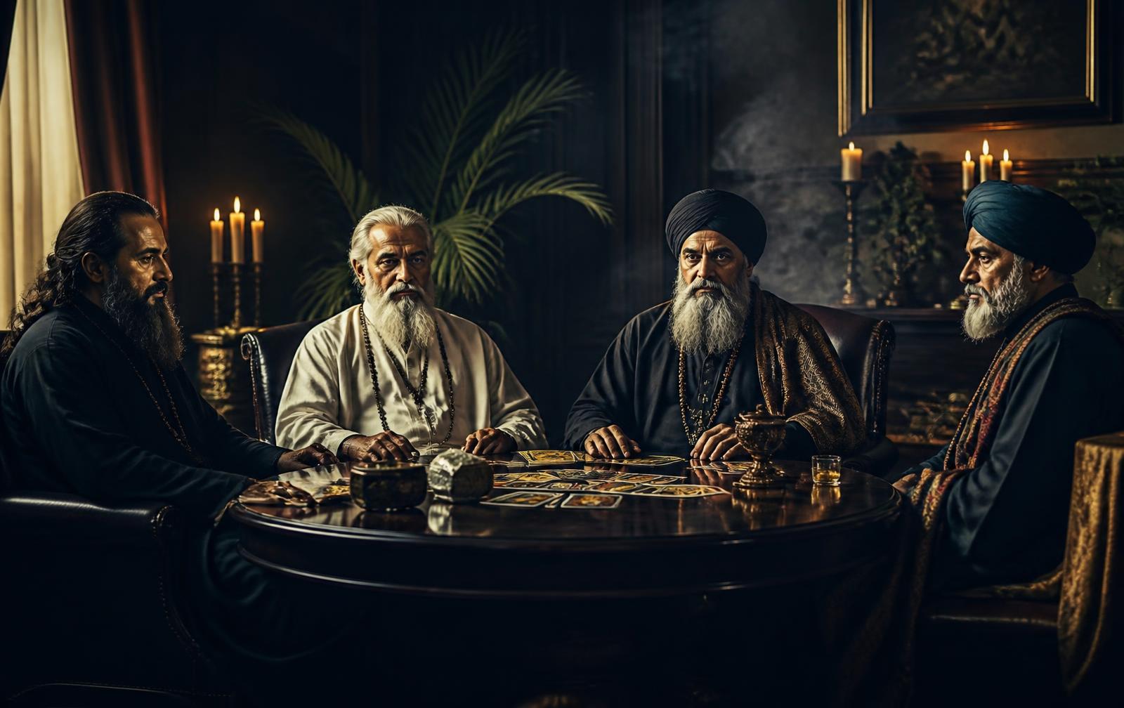Equipo de maestros espirituales en una oficina privada con velas y luz dorada