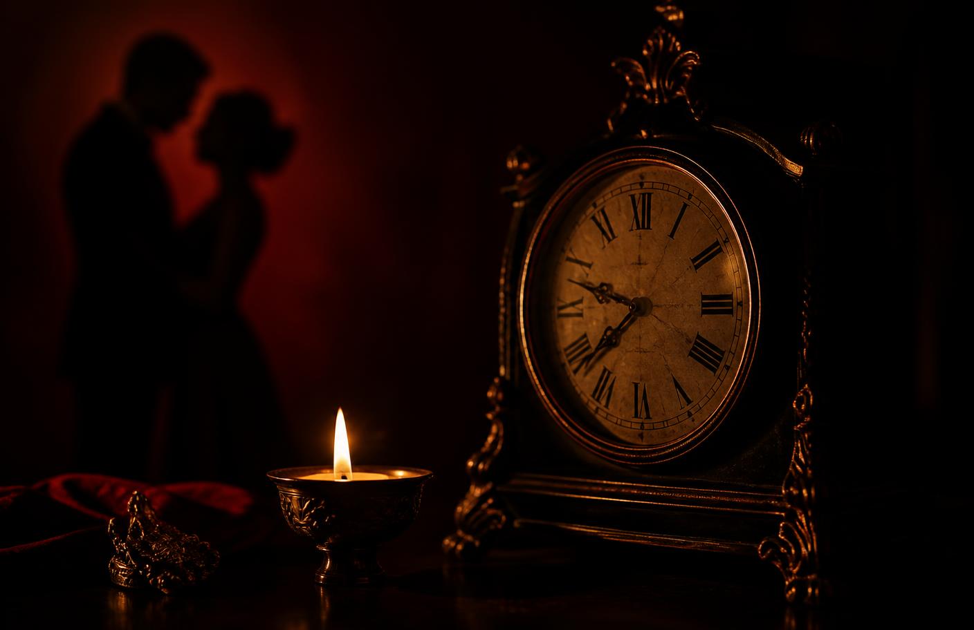 Reloj antiguo junto a una vela consumiéndose y la sombra de una pareja distanciada